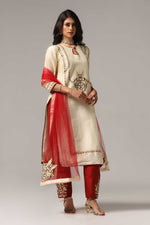 Load image into Gallery viewer, Creme raw silk embroidered kurti paired with pants and a net maching dupatta.
