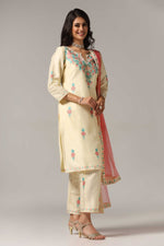 Load image into Gallery viewer, Creme raw silk ari embroidered kurti paired with pants and a net maching dupatta
