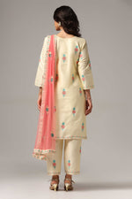 Load image into Gallery viewer, Creme raw silk ari embroidered kurti paired with pants and a net maching dupatta
