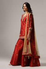 Load image into Gallery viewer, Maroon raw silk sharara set adorned with multi-color resham embroidery, paired with a match net dupatta
