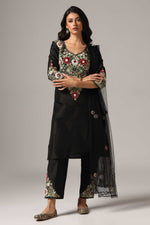 Load image into Gallery viewer, Black raw silk resham embroidered kurti paired with pants and a net maching dupatta
