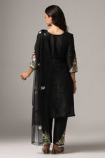 Load image into Gallery viewer, Black raw silk resham embroidered kurti paired with pants and a net maching dupatta

