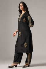 Load image into Gallery viewer, Black french crepe antique gold zari embroidered kurti paired with pants
