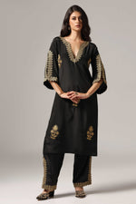 Load image into Gallery viewer, Black french crepe antique gold zari embroidered kurti paired with pants
