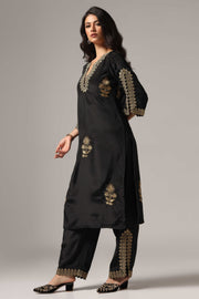 Black french crepe antique gold zari embroidered kurti paired with pants