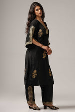Load image into Gallery viewer, Black french crepe antique gold zari embroidered kurti paired with pants
