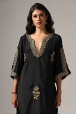 Load image into Gallery viewer, Black french crepe antique gold zari embroidered kurti paired with pants
