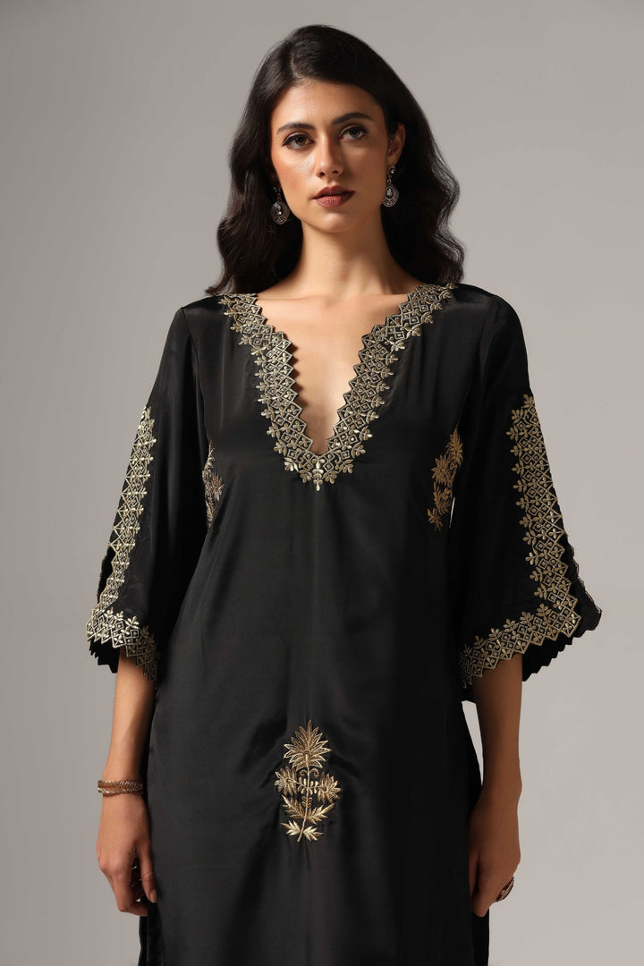Black french crepe antique gold zari embroidered kurti paired with pants