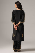 Load image into Gallery viewer, Black french crepe antique gold zari embroidered kurti paired with pants
