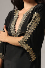 Load image into Gallery viewer, Black french crepe antique gold zari embroidered kurti paired with pants
