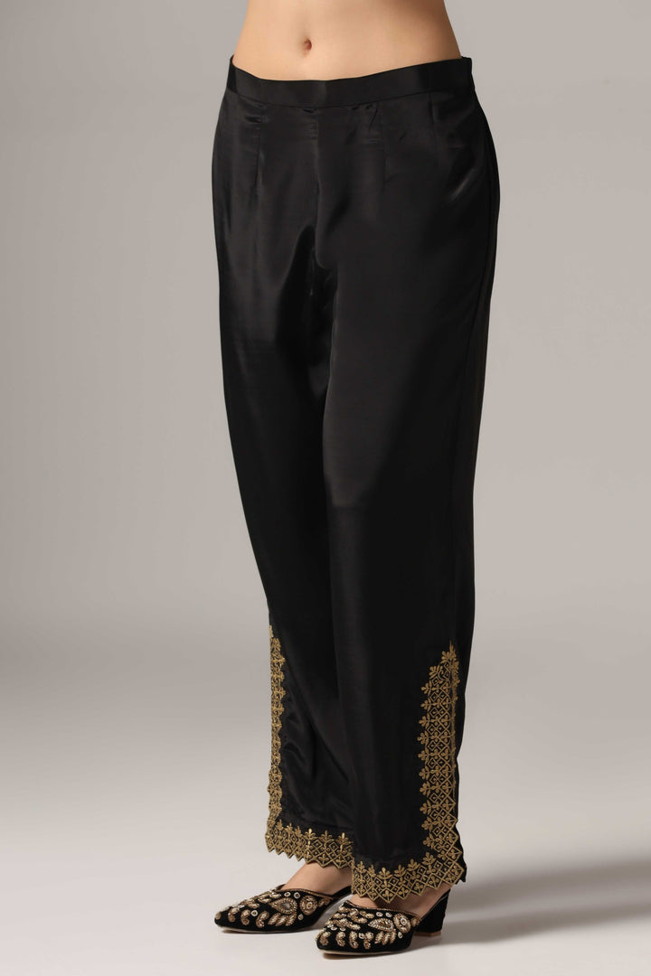Black french crepe antique gold zari embroidered kurti paired with pants