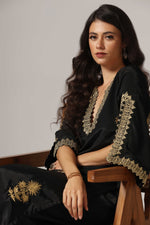 Load image into Gallery viewer, Black french crepe antique gold zari embroidered kurti paired with pants
