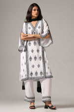 Load image into Gallery viewer, White french crepe resham embroidered kurti paired with pants and a net dupatta
