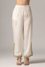 Load image into Gallery viewer, Creme french crepe gold zari embroidered kurti paired with pants
