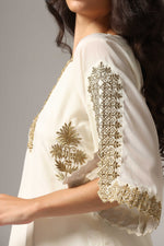 Load image into Gallery viewer, Creme french crepe gold zari embroidered kurti paired with pants
