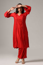 Load image into Gallery viewer, Red rayon resham mirror embroidered kurti paired with pants

