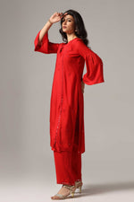 Load image into Gallery viewer, Red rayon resham mirror embroidered kurti paired with pants
