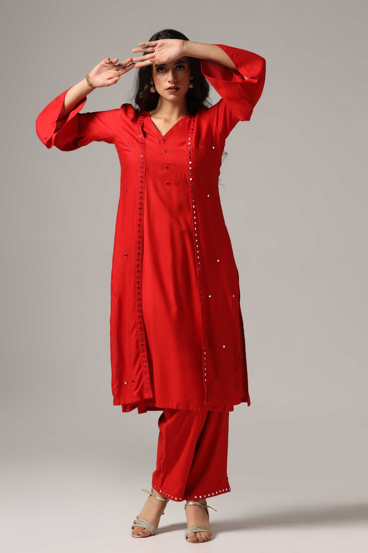Red rayon resham mirror embroidered kurti paired with pants