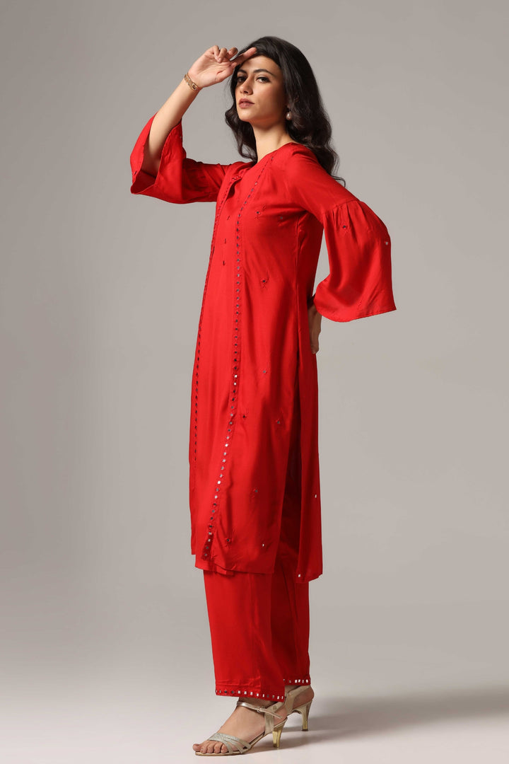 Red rayon resham mirror embroidered kurti paired with pants