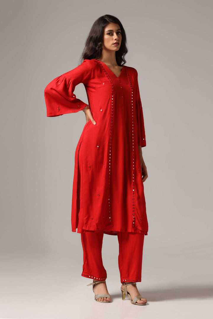 Red rayon resham mirror embroidered kurti paired with pants
