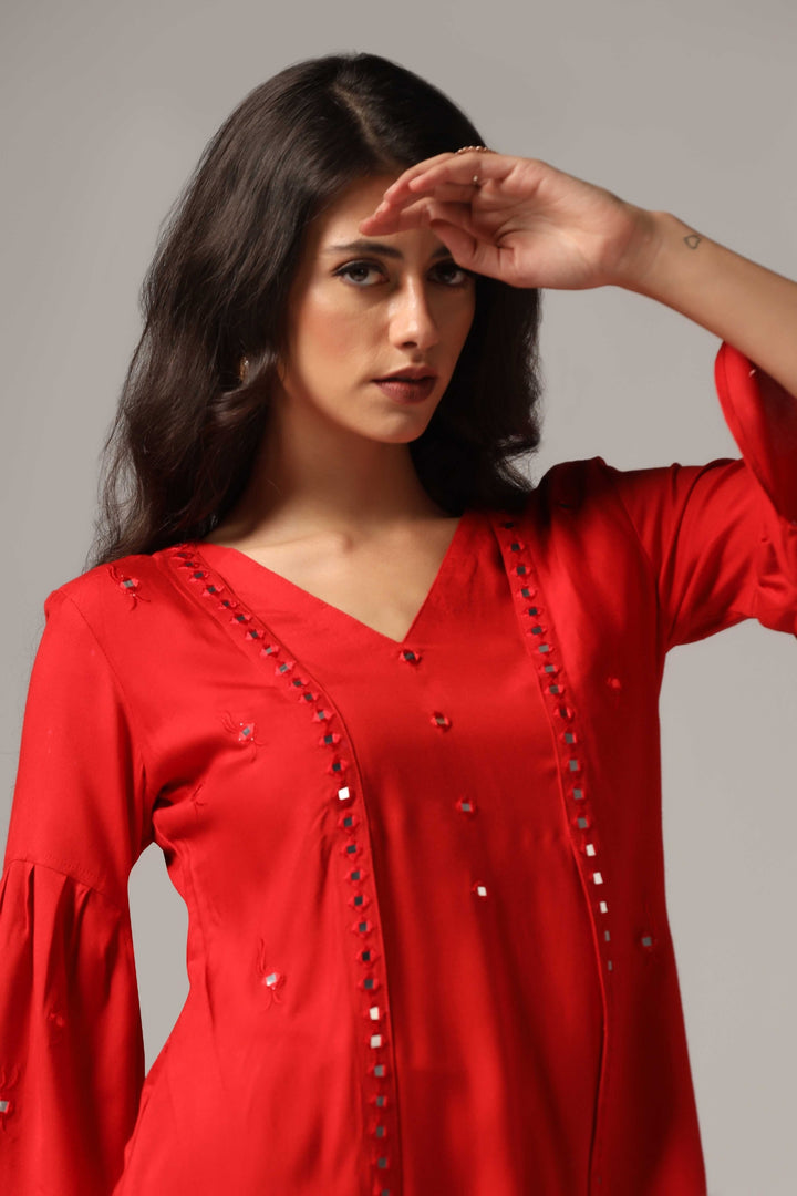 Red rayon resham mirror embroidered kurti paired with pants