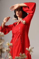 Load image into Gallery viewer, Red rayon resham mirror embroidered kurti paired with pants
