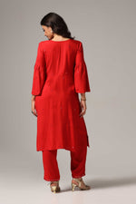 Load image into Gallery viewer, Red rayon resham mirror embroidered kurti paired with pants
