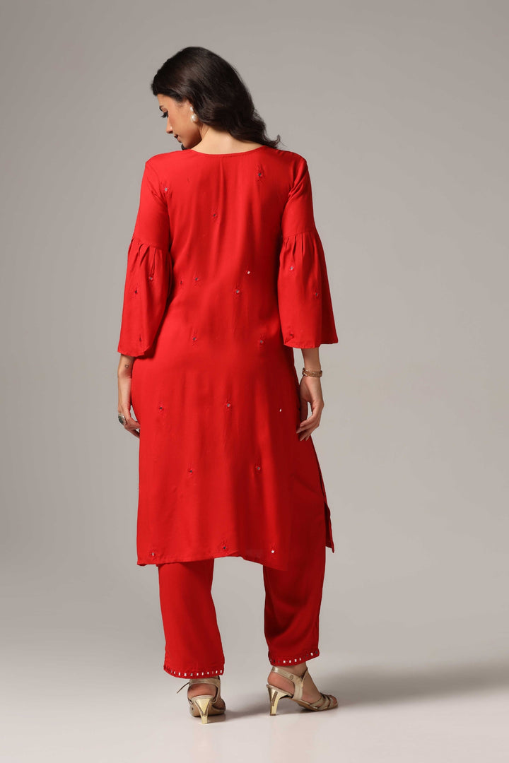 Red rayon resham mirror embroidered kurti paired with pants