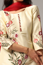 Load image into Gallery viewer, Creme raw silk resham embroidered kurti paired with pants and a net dupatta
