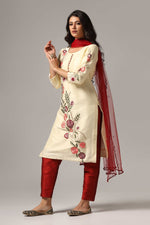 Load image into Gallery viewer, Creme raw silk resham embroidered kurti paired with pants and a net dupatta
