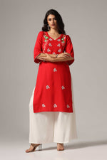 Load image into Gallery viewer, Red rayon multi color resham embroidered kurti paired with white rayon palazzo
