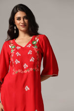 Load image into Gallery viewer, Red rayon multi color resham embroidered kurti paired with white rayon palazzo
