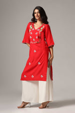 Load image into Gallery viewer, Red rayon multi color resham embroidered kurti paired with white rayon palazzo
