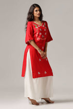 Load image into Gallery viewer, Red rayon multi color resham embroidered kurti paired with white rayon palazzo
