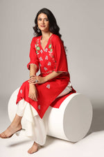 Load image into Gallery viewer, Red rayon multi color resham embroidered kurti paired with white rayon palazzo
