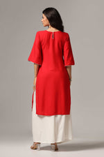 Load image into Gallery viewer, Red rayon multi color resham embroidered kurti paired with white rayon palazzo
