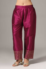 Load image into Gallery viewer, Purple raw silk gold zari embroidered &amp; hand crafted with sequence kurti paired with pants and a net dupatta
