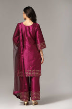 Load image into Gallery viewer, Purple raw silk gold zari embroidered &amp; hand crafted with sequence kurti paired with pants and a net dupatta
