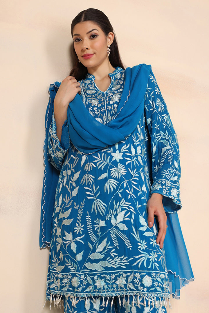 Thread Embroidered Pearl Work Kurta with Loose Pants