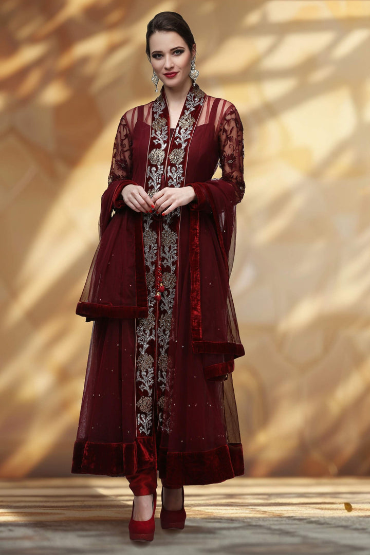 Maroon Embroidered Anarkali Set