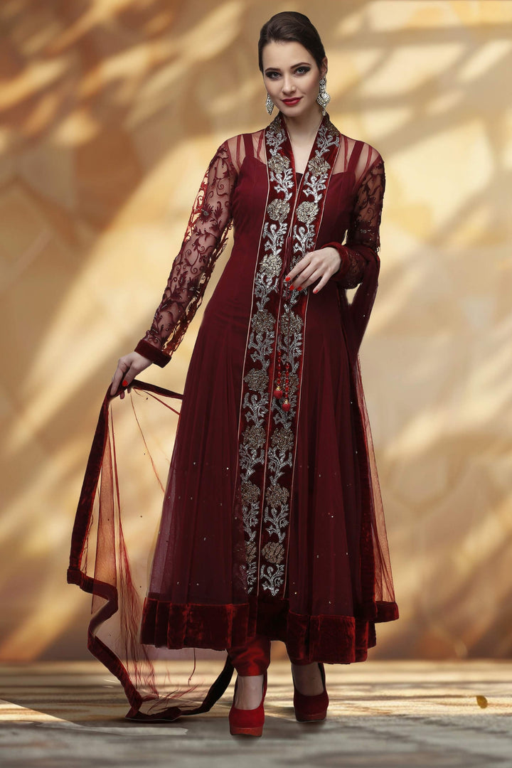 Maroon Embroidered Anarkali Set