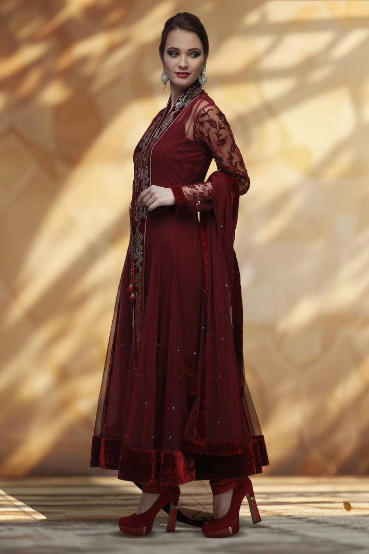Maroon Embroidered Anarkali Set