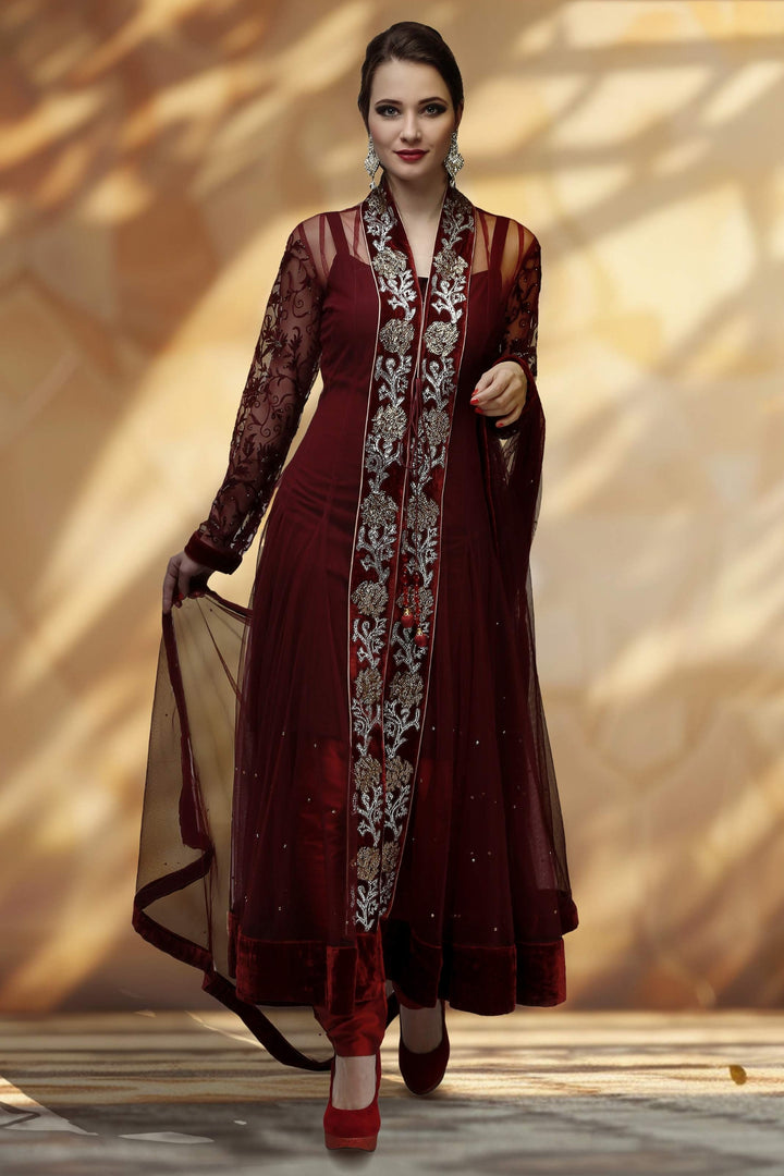Maroon Embroidered Anarkali Set