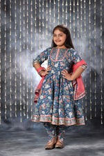 Load image into Gallery viewer, Blue Jaipuri Double Print Anarkali with Dhoti Salwar Suit Set
