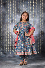 Load image into Gallery viewer, Blue Jaipuri Double Print Anarkali with Dhoti Salwar Suit Set
