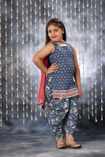 Load image into Gallery viewer, Blue Jaipuri Double Print Short Kurti with Dhoti Salwar Suit Set
