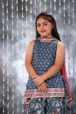 Load image into Gallery viewer, Blue Jaipuri Double Print Short Kurti with Dhoti Salwar Suit Set
