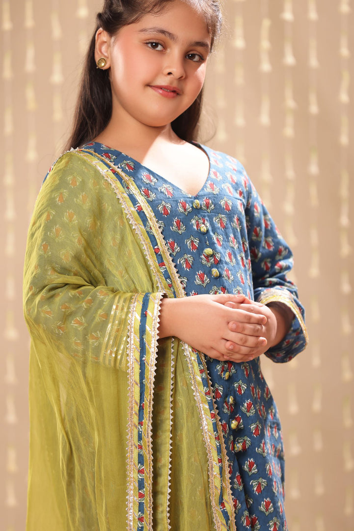Blue Jaipuri Front Open Straight Kurta with Pant Suit Set