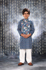 Load image into Gallery viewer, Blue Jaipuri Handblock Buti Print Kurta with White Pant Co-ord Set and Blue Floral Jacket
