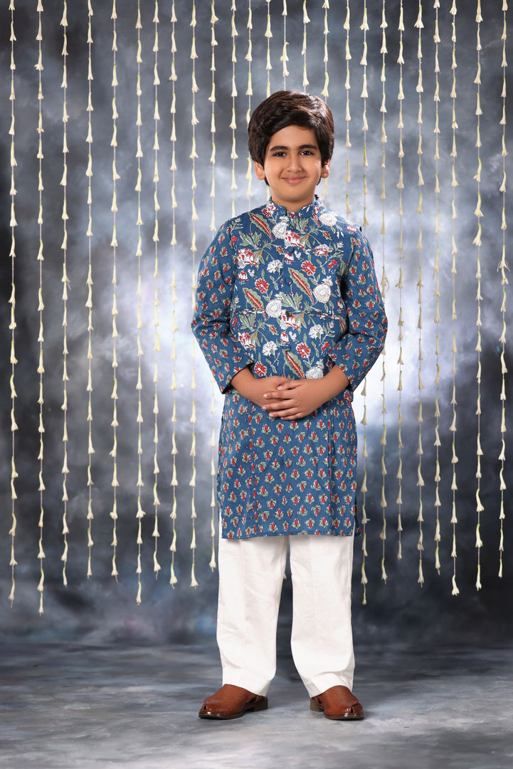 Blue Jaipuri Handblock Buti Print Kurta with White Pant Co-ord Set and Blue Floral Jacket